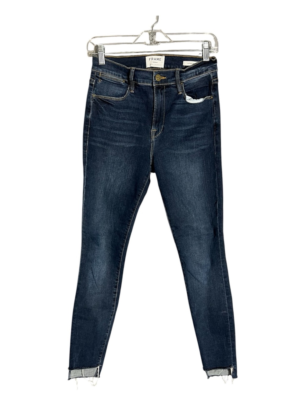 FRAME Le High Skinny Jeans Womens 27 Dark Wash Raw Hem Stretch Denim Blue